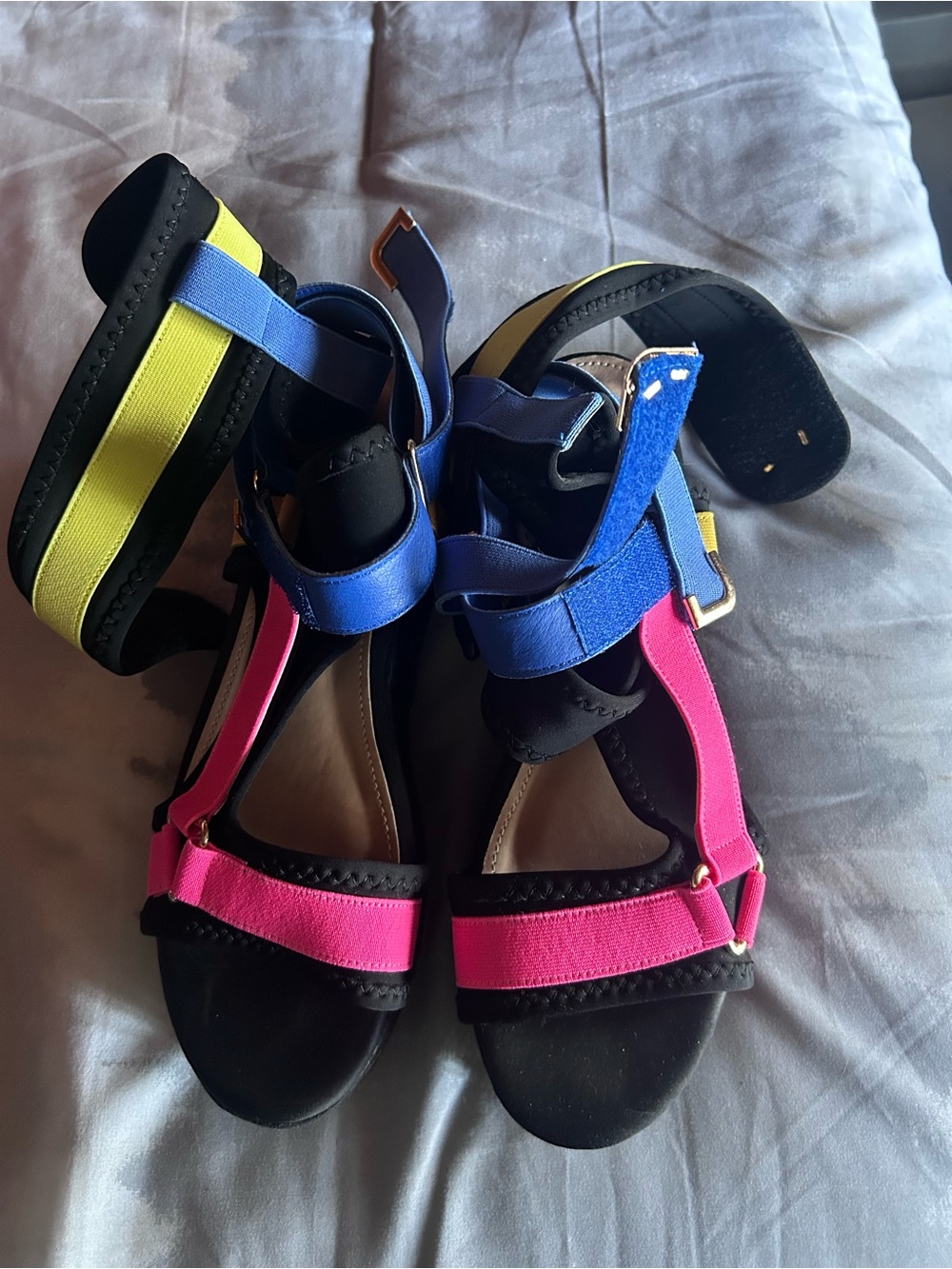 Colorblock Strappy Sandals in Pink, Blue & Neon Yellow